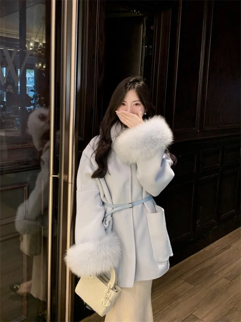 Korean Gentle Fur Woolen Jacket Women Cotton Scarf Temperament Solid Warm Fashion Loose Winter Chic Sweet Female Celebrity Coat