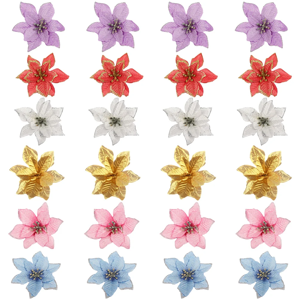 Glitter Pink Christmas Flowers Xmas Tree 13cm Artifical Flower Ornaments 2024 Christmas Decoration For Home New Year