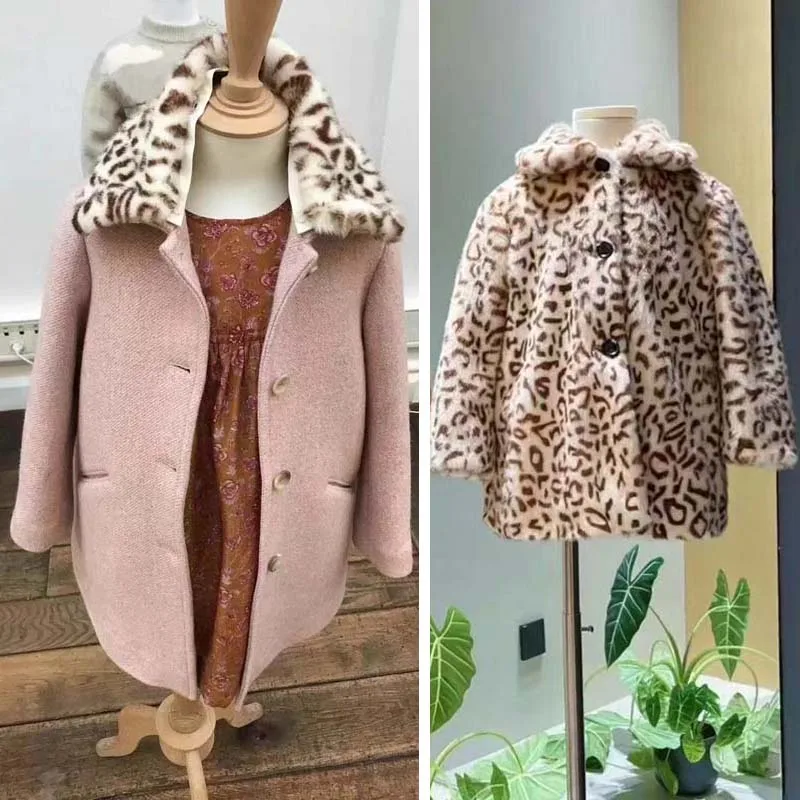 

In Stock 2025 Winter BP Baby Girls Padded Coat with Fur-Like Lining Lapel Jacket Wool Leopard Print Coat with Removable Collar