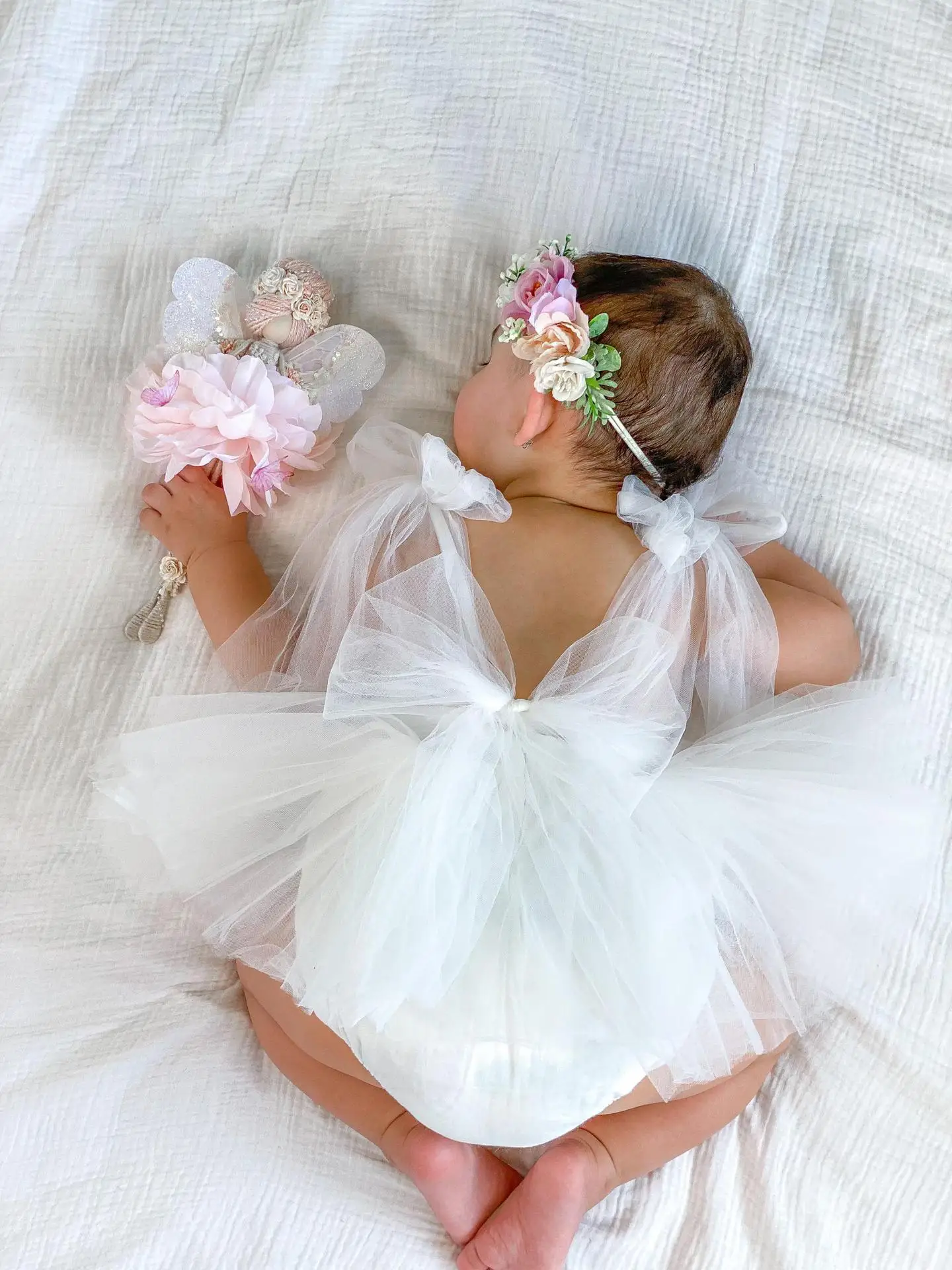 First Birthday Dress Straps Bow Flower Girl Tutu Dress Blush Pink White Baby Gauze Jumpsuit