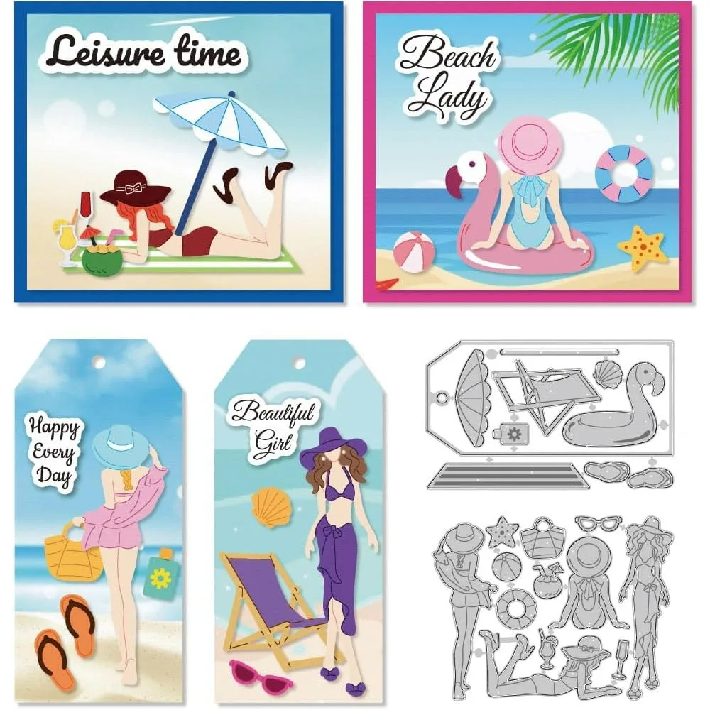 Lady on The Beach Stanzformen, Urlaubs-Ozean-Etiketten-Stanzformen, geschnittene Metall-Stanzformen, Prägeschablonen, Vorlagen für die Kartenherstellung, DIY