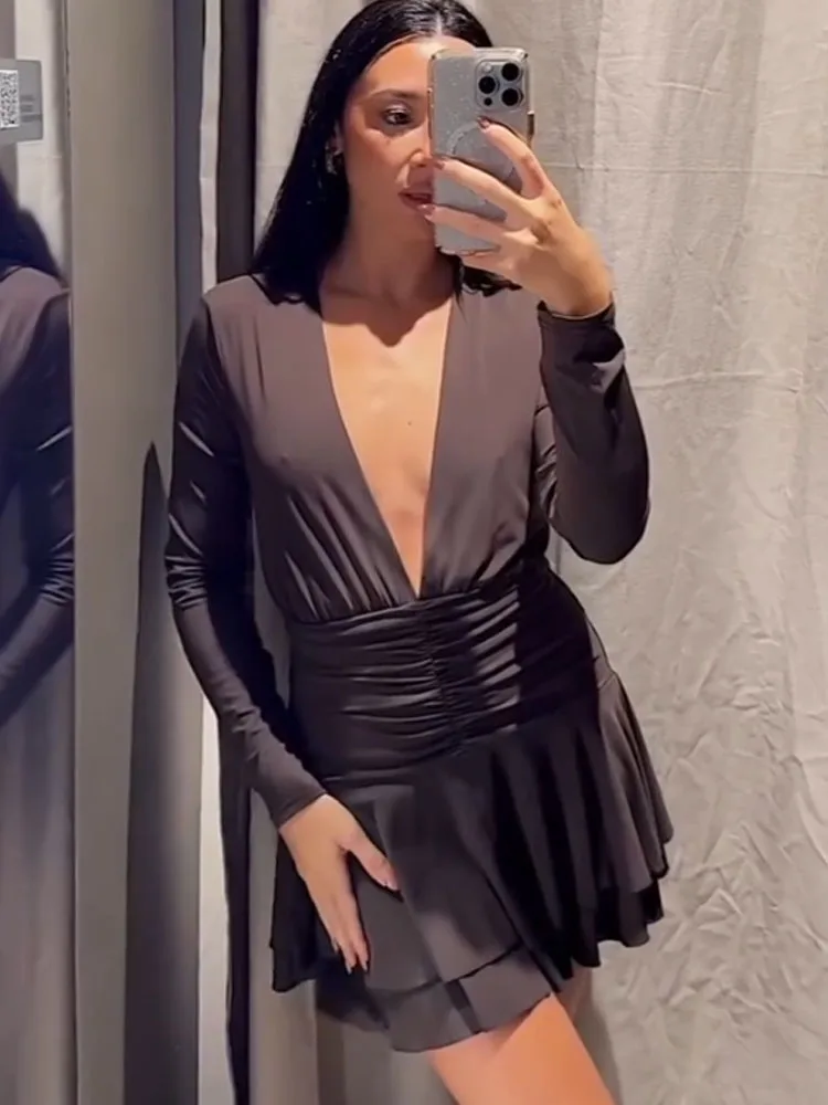 HH femme été rétro mode manches longues col en V profond plissé décoration combinaison robe femme décontracté Style de rue robe