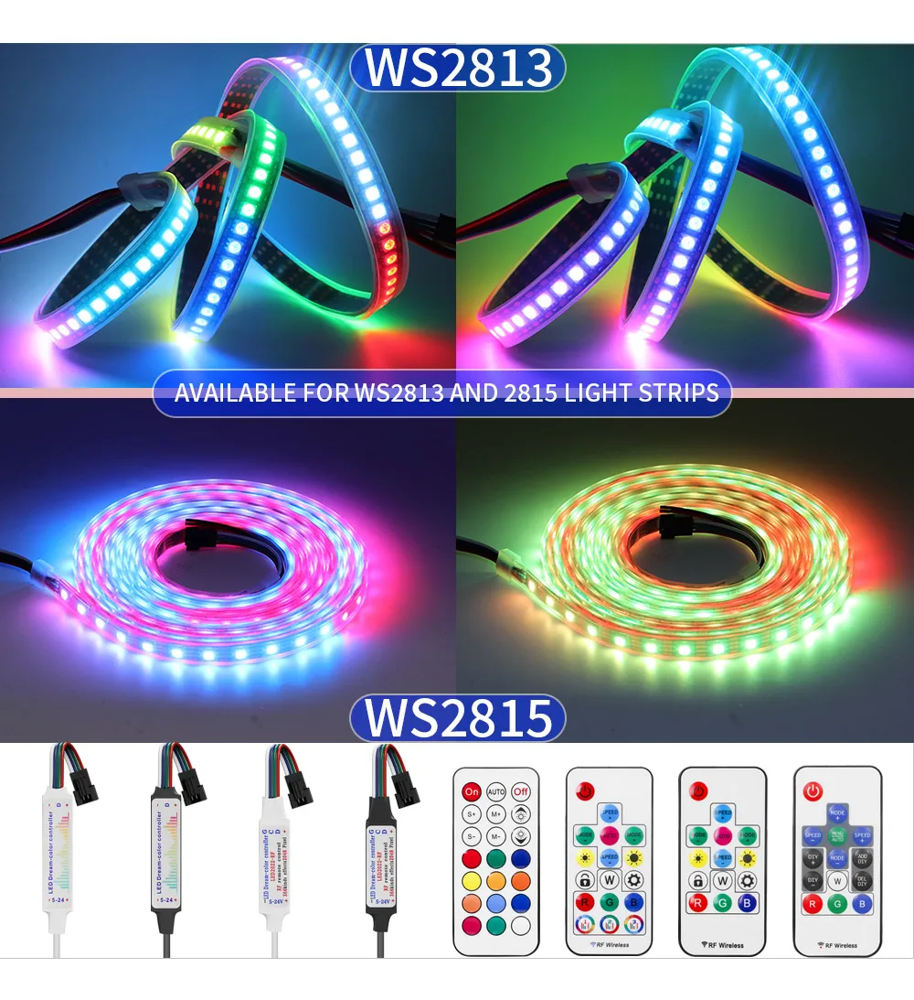 WS2813 WS2815 Pixels 4Pin LED Controller MINI RFRF 14/17/21Keys  Remote 366Modes Control For Smart LED Tape DC5-24V