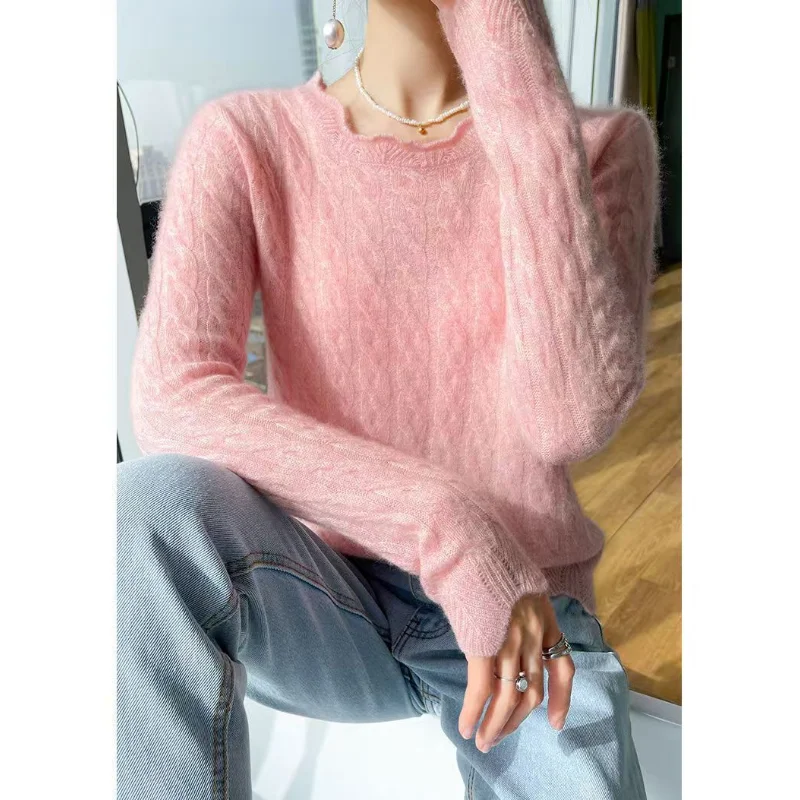 Jersey de cuello redondo, suéter de manga larga tejido para otoño e invierno, ropa de mujer, Tops de oficina con hilo de tornillo de Color sólido