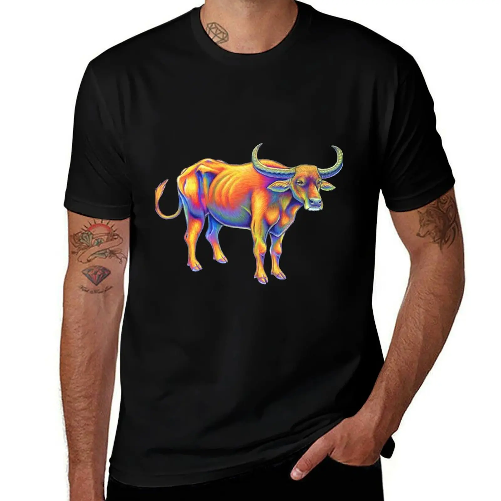 Psychedelic Rainbow Water Buffalo Ox Bull T-Shirt cute tops shirts graphic topping anime tshirt men t shirt