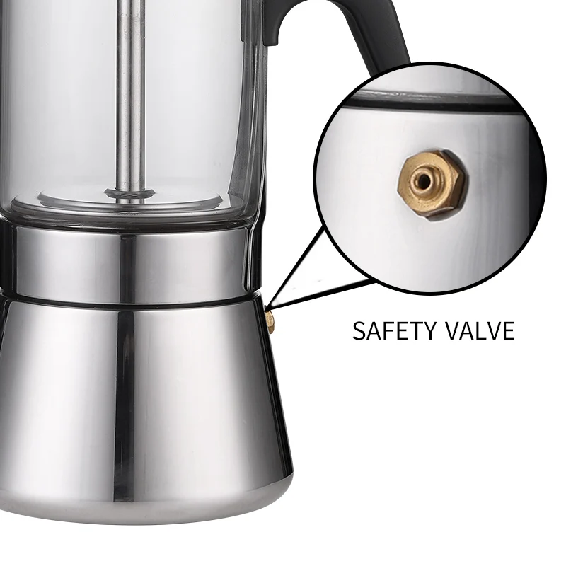 Caffettiera per caffè espresso con piano cottura in vetro borosilicato di vendita caldo Pentola per moka in acciaio inossidabile 304