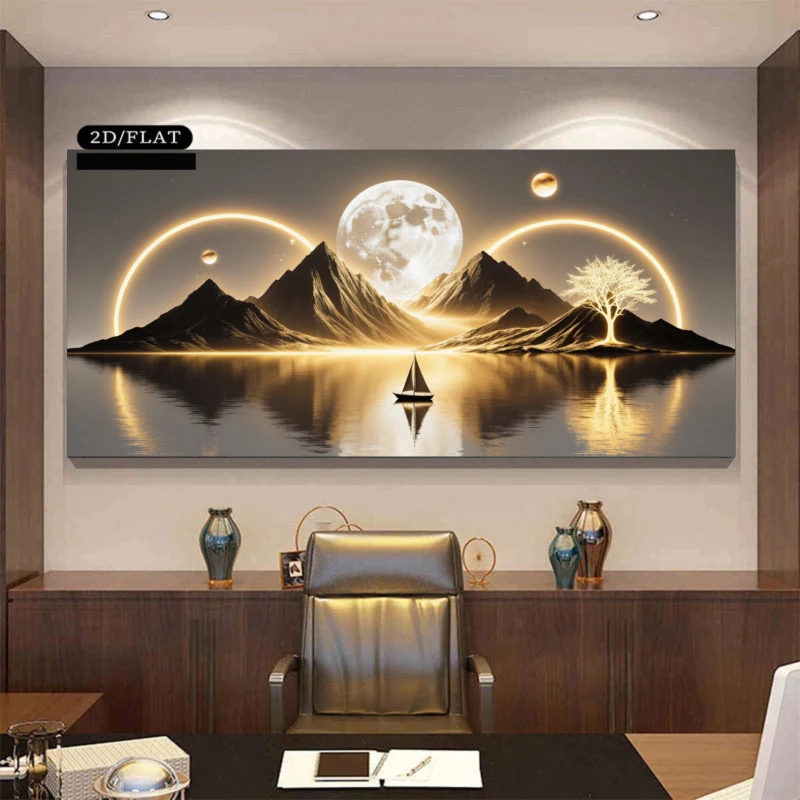 Framed Canvas Wall Art, 2D FLAT Modern Minimalist Moonlight Mountain Water Reflection Scenery Print, Wall Decor for Living Room