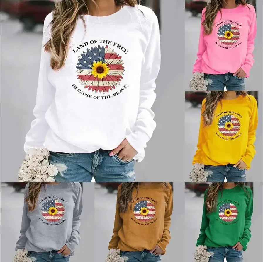 

Europe and United States Sunflower Print Pattern Long Sleeve Round Neck Hoodie Women's Wear Sweatshirt Streetwear Women