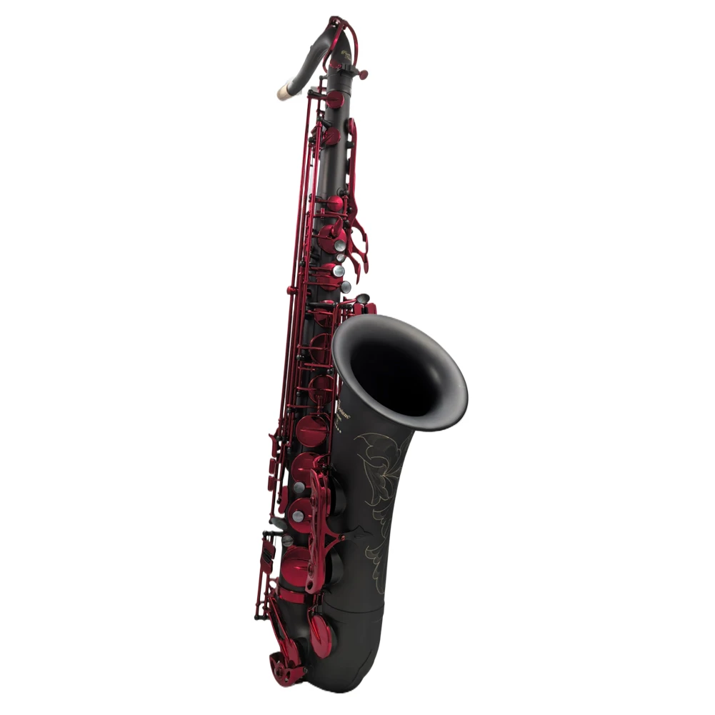 الموسيقى الشرقية The Imperium Professional Matte Black Tenor Saxophone مع مفاتيح مطلية باللون الأحمر - مفتاح Bb - High F #   – الوسادات الإيطالية –