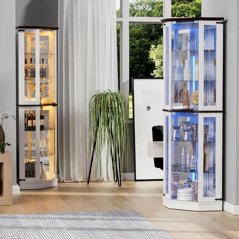 Farmhouse Display Curio Cabinet with LED Lights, Tempered Glass Doors, 6 Shelves, Floor Standing Display Cage Corner