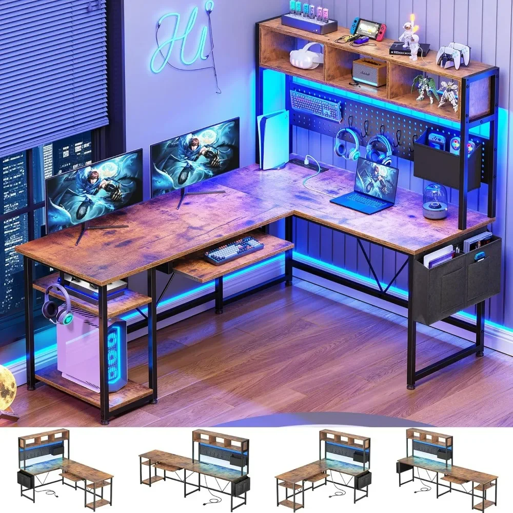 L Shaped Gaming Desk, Gaming Desk with Pegboard, LED Lights, Power Outlet, Keyboard Tray, 57.5” Reversible Corner Computer Desk