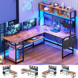 L Shaped Gaming Desk, Gaming Desk with Pegboard, LED Lights, Power Outlet, Keyboard Tray, 57.5” Reversible Corner Computer Desk