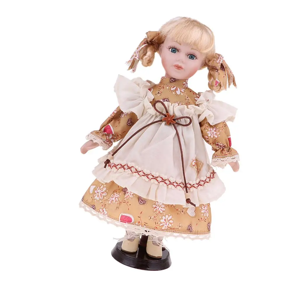 30cm Porcelain Doll Victorian Girl Standing Figures with Wooden Stand Kids Adult Collections