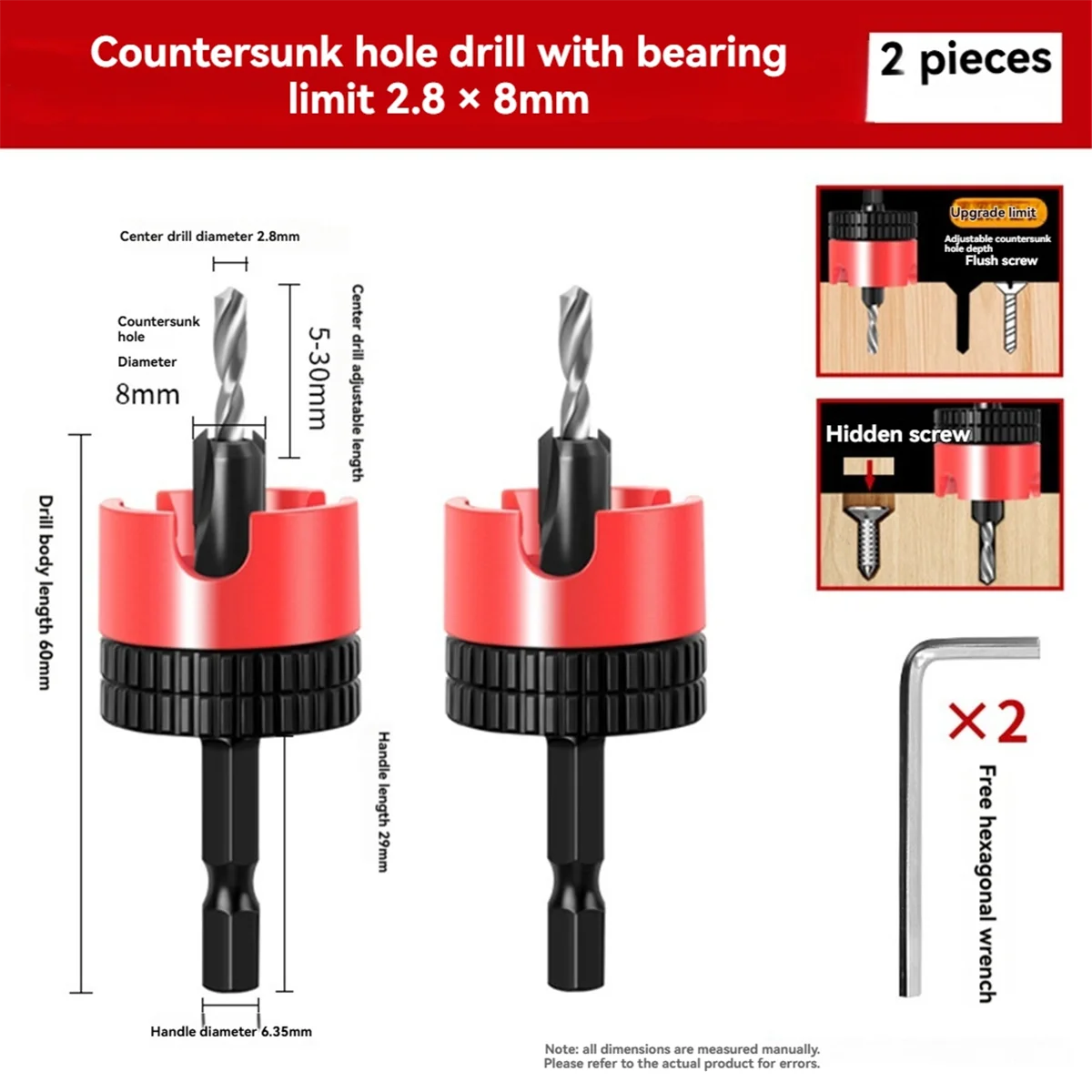 N18R 2PC Woodworking Limit Countersink Drill Non Slip Hexagonal Shank with Bearing Adjustable Step Drill Screw Opener
