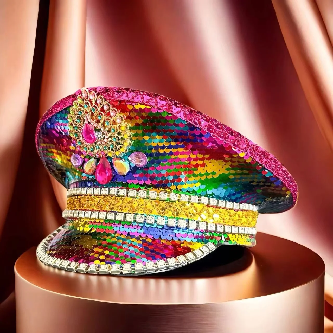 HongLuan Yellow Laser Leather Loop Captain Hat Rhinestone & Military Caps for Woman, Rave Festivals Accessories ＆ Party Cap Man