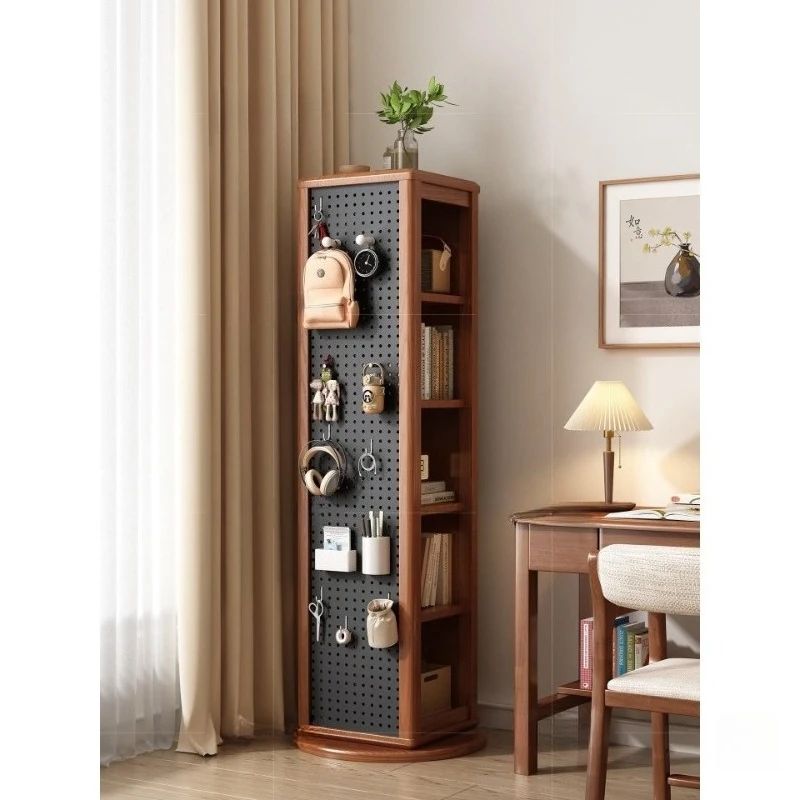 Solid wood rotating bookshelf household living room with hole board full body full-length mirror floor shelf storage  bookcase