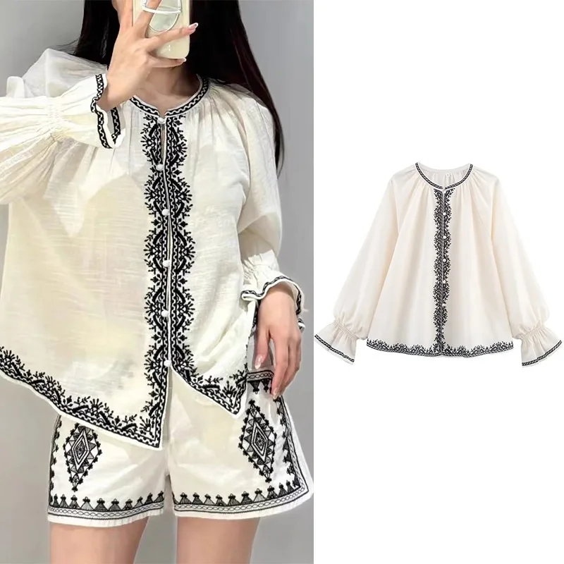 

White Shirt Elegant Women's Old Money Vintage Tops Woman 2025 Top Long Sleeve Ruffle Linen Shirts Female Commute Fitted