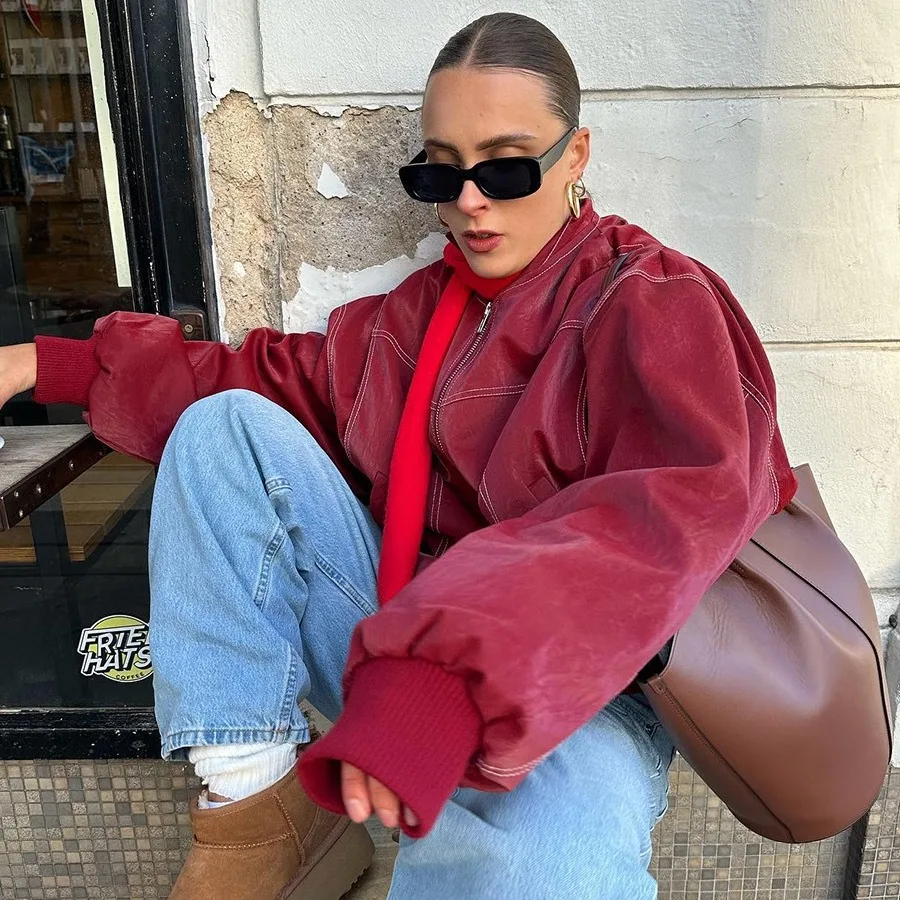 

Spring Autumn Women's Leather Jacket American Style PU Jacket For Women Solid Color Casual Zipper Sweat Coats Women's Outwears