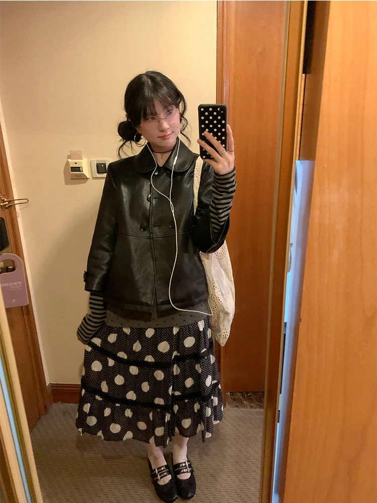 

MOWENTI Classic Bla Stand Collar Double Button ort Leather Jaet Retro Tee Quarter Sve Biker Coat Women's Faion