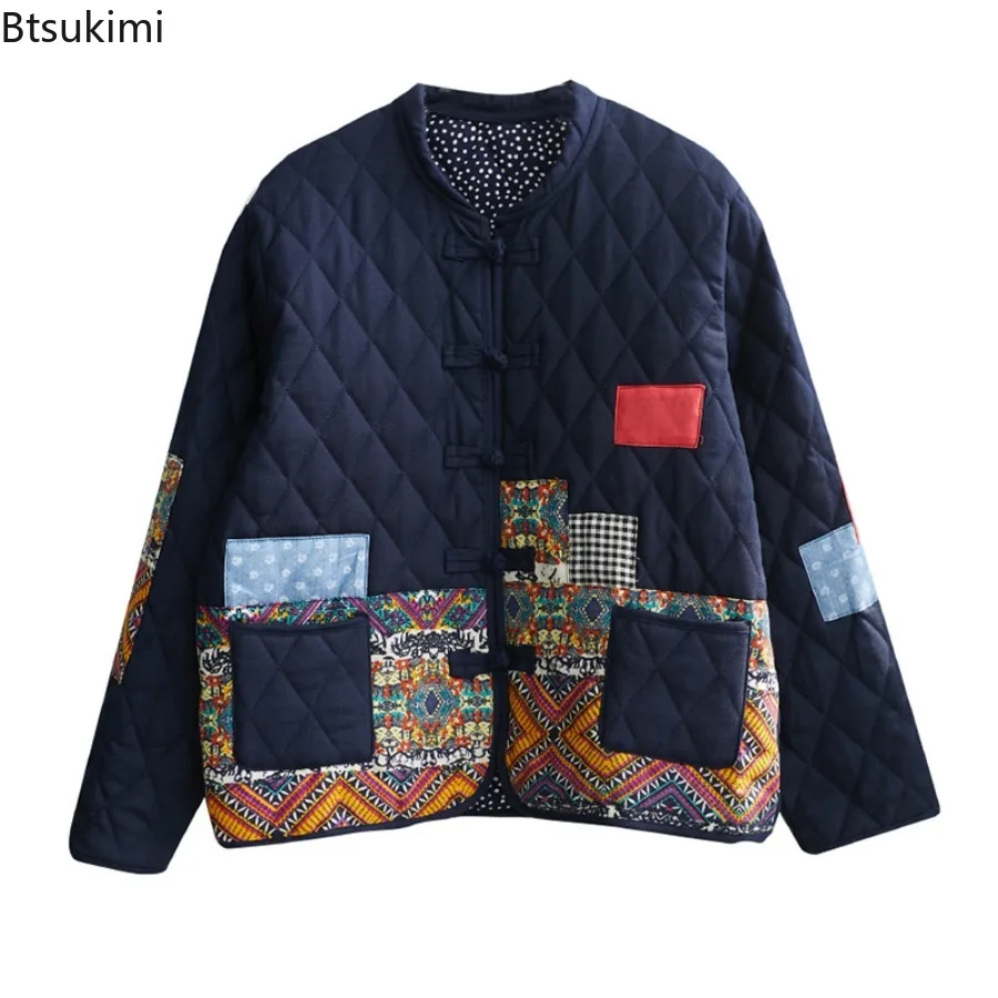 New 2025 Autumn Winter Arts Style Women Long Sleeve Vintage Short Coat Patchwork Cotton Linen Single Breasted Thicken Jackets