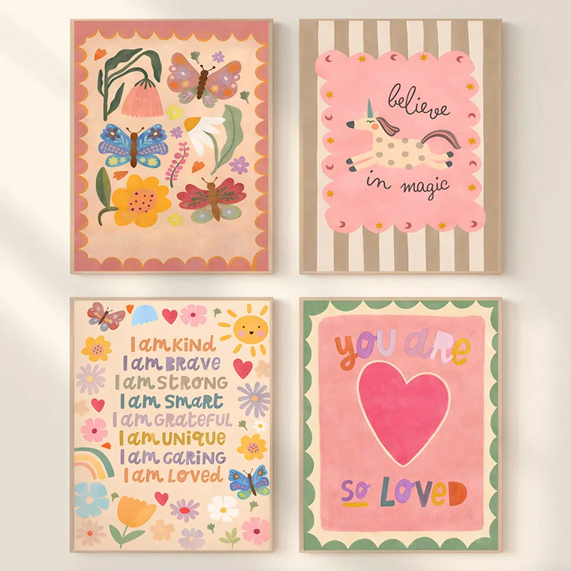Niedliche Schmetterlinge Blumen Einhörner Herz Wandkunst Ermutigende Zitate Poster Kinderzimmer-Gemälde Kinderzimmer-Deko