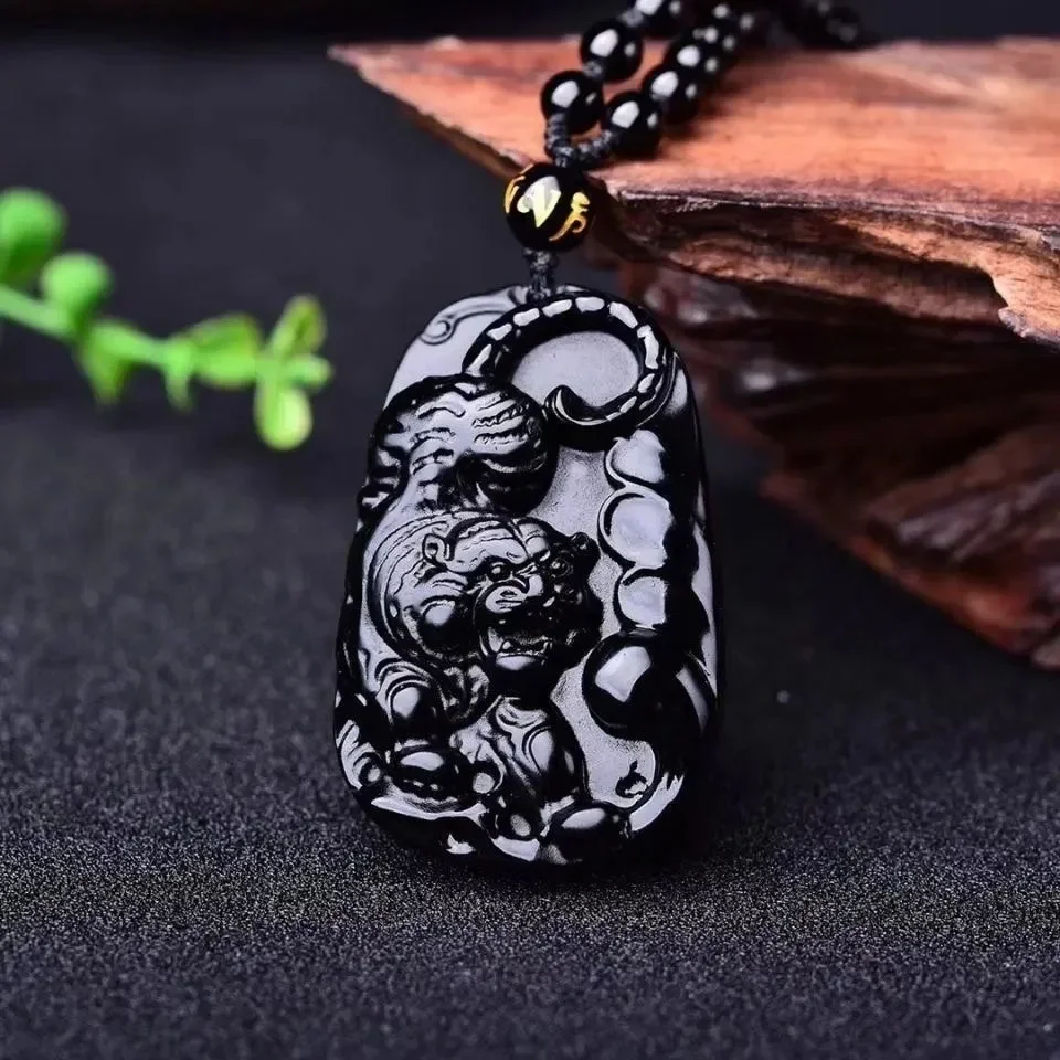 Fashion Obsidian Downhill Tiger Pendant Necklace Jewellery Chinese Hand-Carved Healing Women Man Luck Gift Sweater Chain