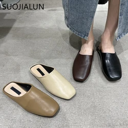 SUOJIALUN Summer Flat Heel Women Slipper Fashion Ladies Casual Round Toe Slip On Mules Shoes Outdoor Soft Leather Sandal Slides