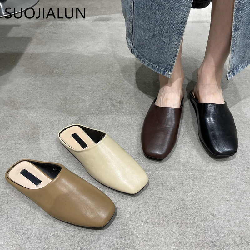 SUOJIALUN Summer Flat Heel Women Slipper Fashion Ladies Casual Round Toe Slip On Mules Shoes Outdoor Soft Leather Sandal Slides