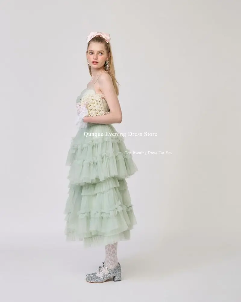 Qunque Elegant Mint Green Straps Prom Party Dress Women's 2024 Tiered Tulle Tea Length Vestido De Casamento Beach Evening Dress