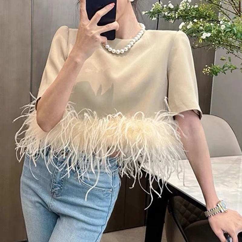 2024 New Summer Women Trendy Chic Furry Feather Design Crop Tops Female Solid O Neck Short Sleeve Loose T Shirt Ropa De Mujer