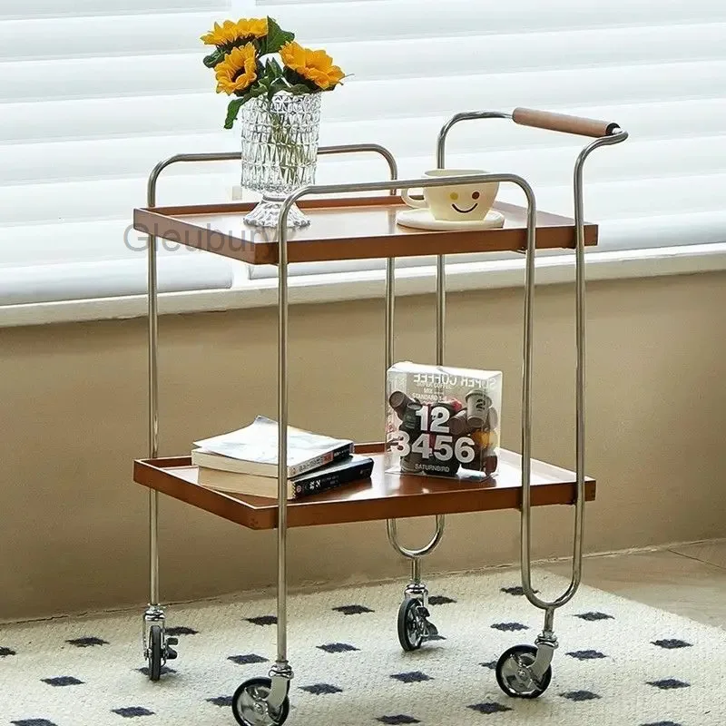 Cart Mid-Century Serving 2-Tier with Rolling Wood Shelves, Chrome Metal Frame & Wrapped Handle Bar Cart for Living Room