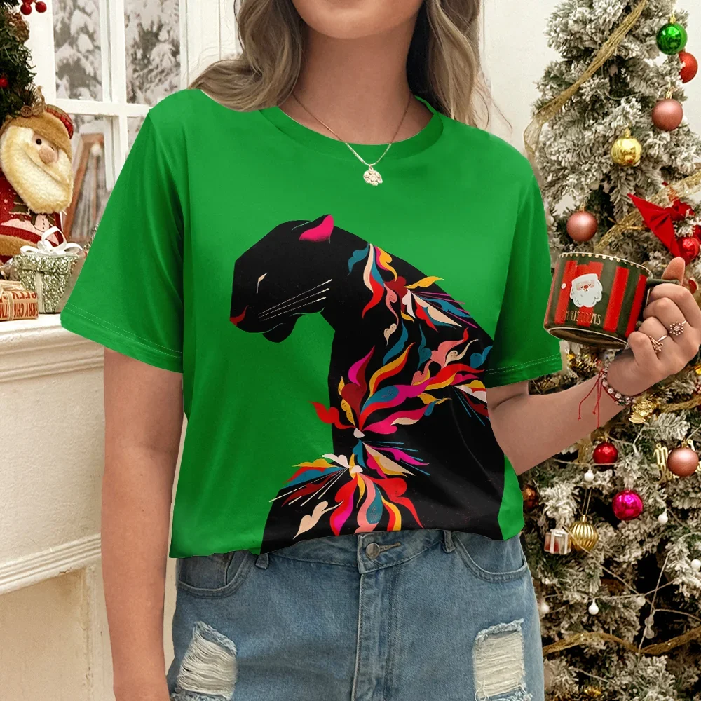 

Женская зеленая футболка с красочным абстрактным животным дизайном, повседневный летний стиль, топ с круглым вырезом и короткими рукавами для повседневной носки Y2K
