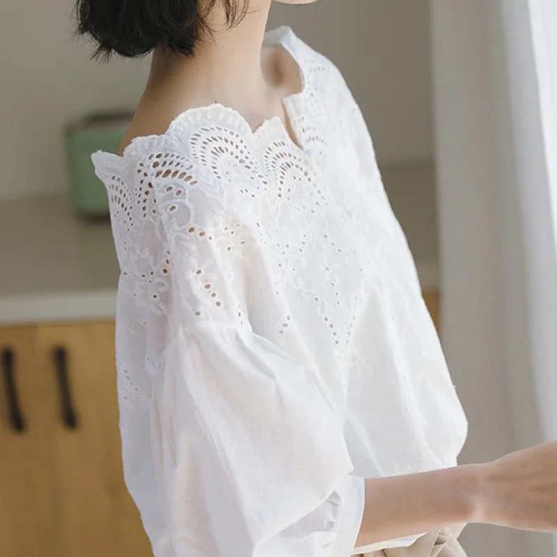 Elegant Ruffled Neck Lace Hollow Out Button Oversized Lantern Sleeve Chic Shirt Summer Loose Commute Tops Sweet Women\'s Blouse