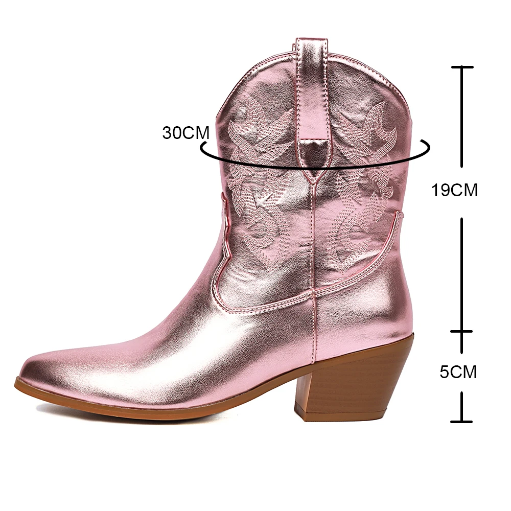 Pink Cowboy Cowgirl Boots For Women 2024 Fashion Embroidered Pointed Toe Chunky Heel Western Ankle Boots Shinny Shoes Free Ship