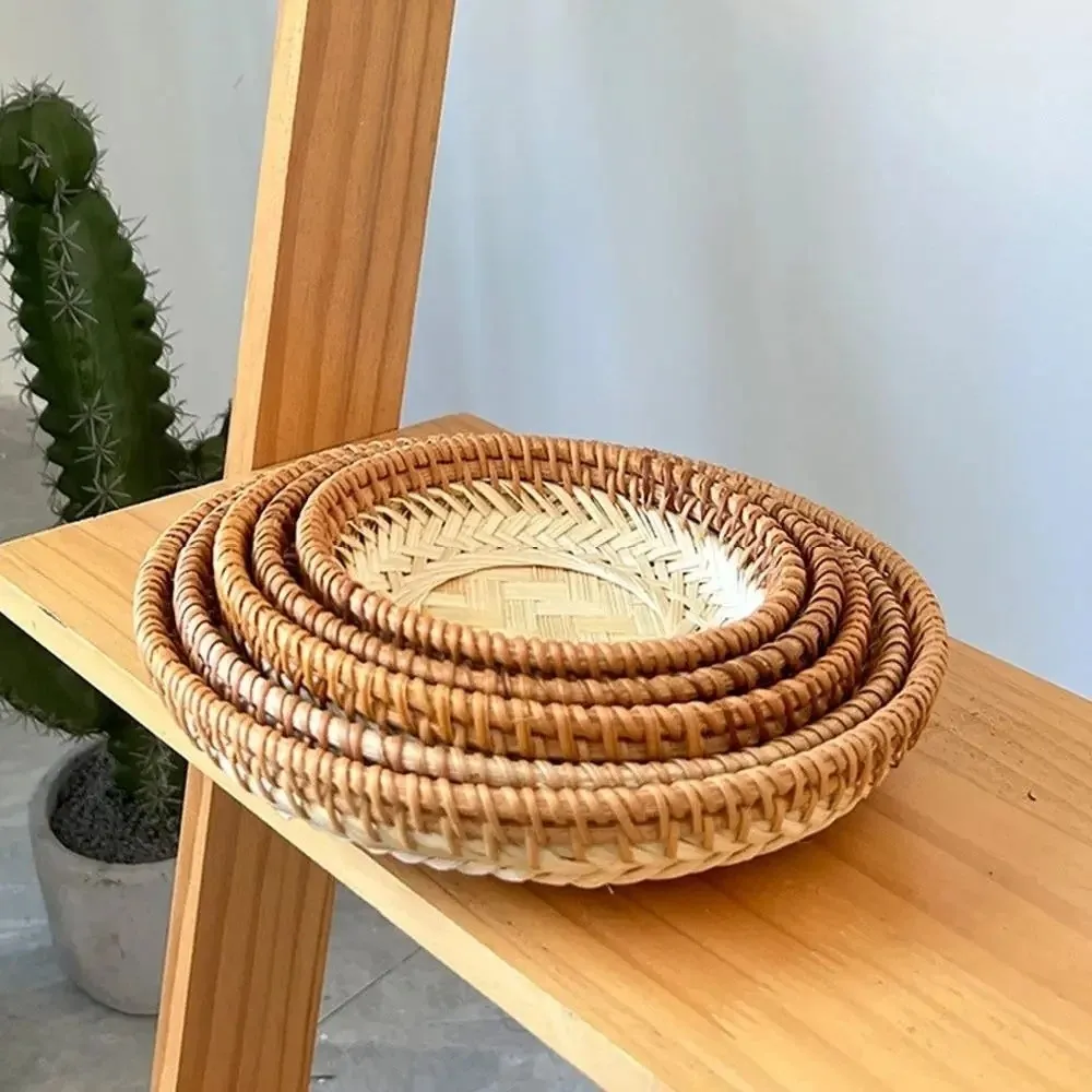 Multi-purpose 5 Sizes Bamboo Fruit Basket Round Shape Handmade Snack Basket Brown Beige Color Tea Snack Tray