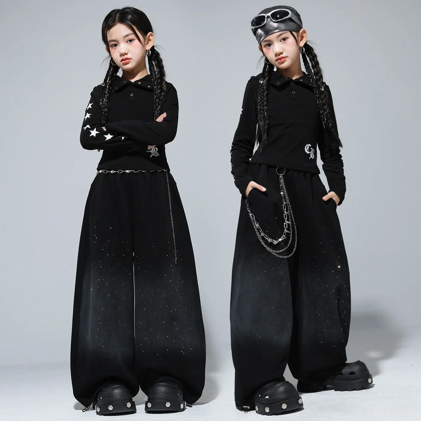Ropa de Hip Hop Kpop para chico, camiseta corta con capucha negra, pantalones de pierna ancha con lentejuelas informales para niñas, trajes de baile callejero, ropa