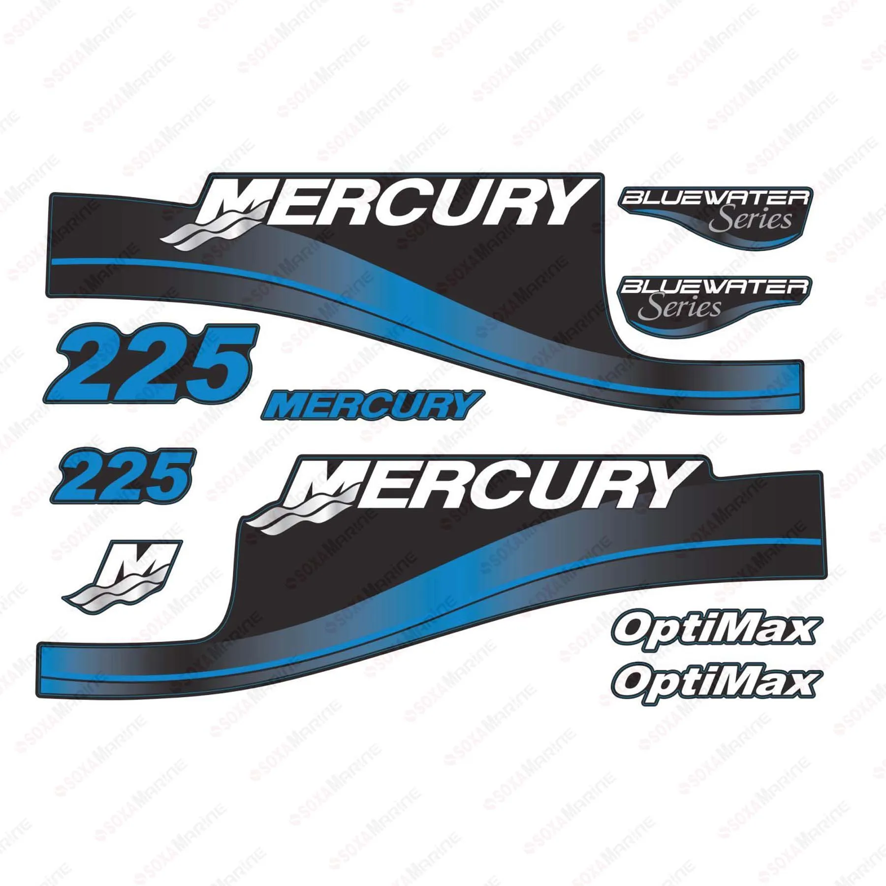 Blue Decal Kit Sticker Set  for Mercury 225 HP OptiMax BlueWater Outboard Engine Reproduction 225hp OptiMax BlueWater