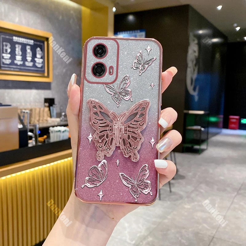 G24 Shiny Butterfly Plating Phone Holder Case For Motorola Moto G24 G30 G20 G14 G53 G32 G60 G40F G10 G13 G52 G72 G42 G82 Cover