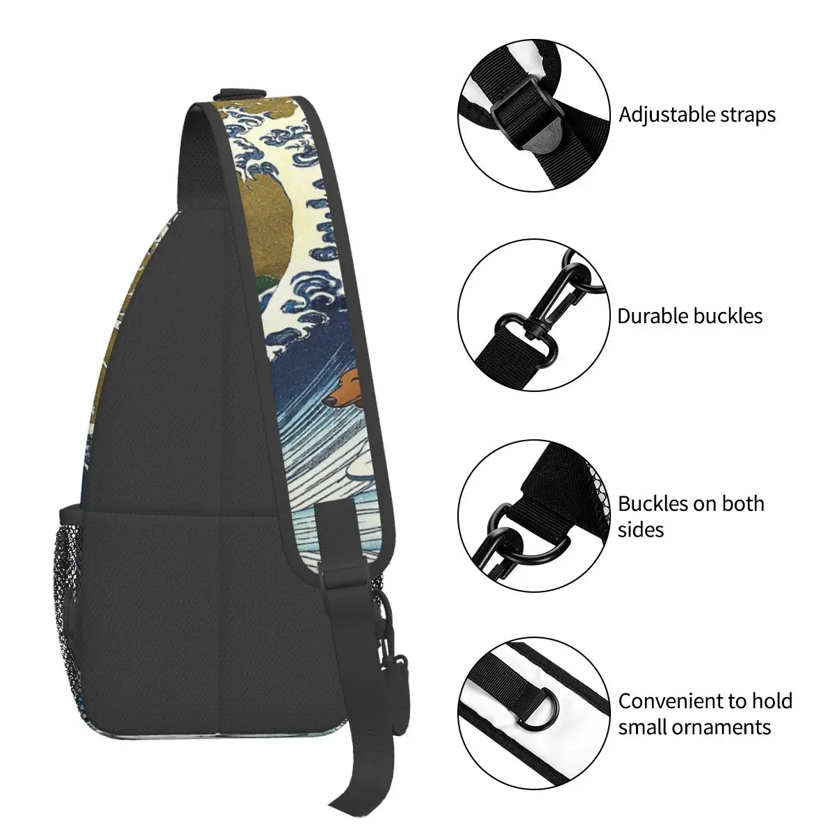 Dachshund Weiner Dog Surfing Small Sling Bag Chest Crossbody Shoulder Sling Backpack Hiking Travel Daypacks Sausage Doxie Bag