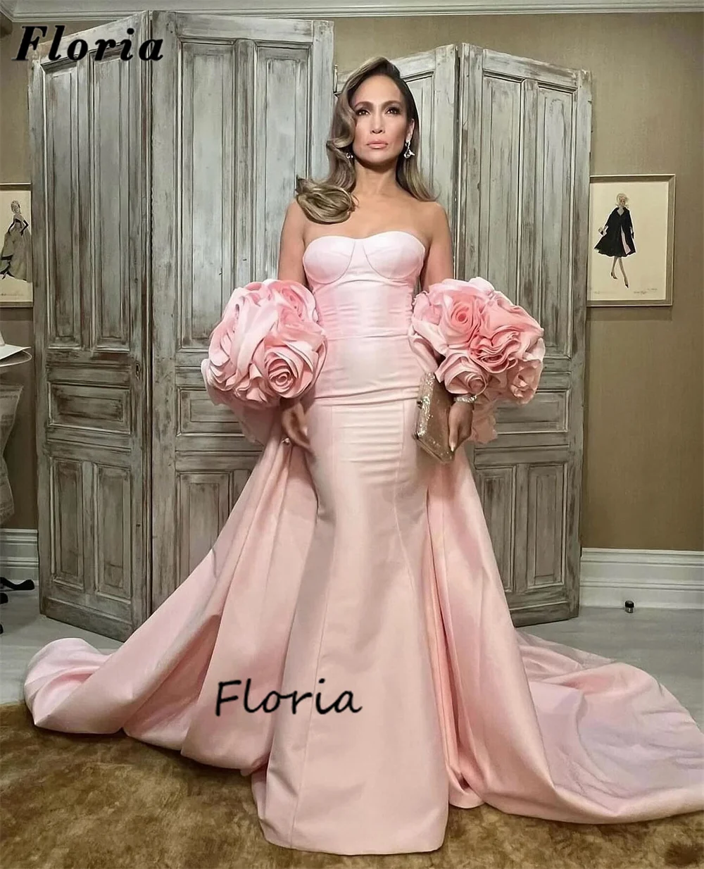 

Pink Mermaid Evening Dresses Arabic Dubai Cape Train Custom Made Flowers Prom Dress Robe De Soiree Wedding Party Gowns For Women