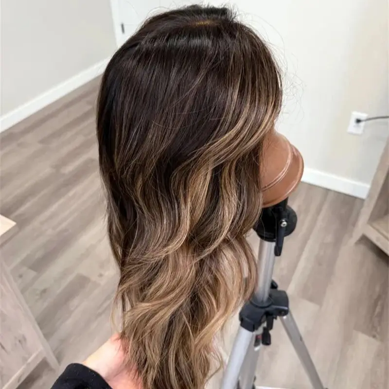 Ombre Dark Brown with Blonde Streaks Highlights Synthetic HD Lace Front Wig Natural Look Heat Resistant Fiber High Quality Wig