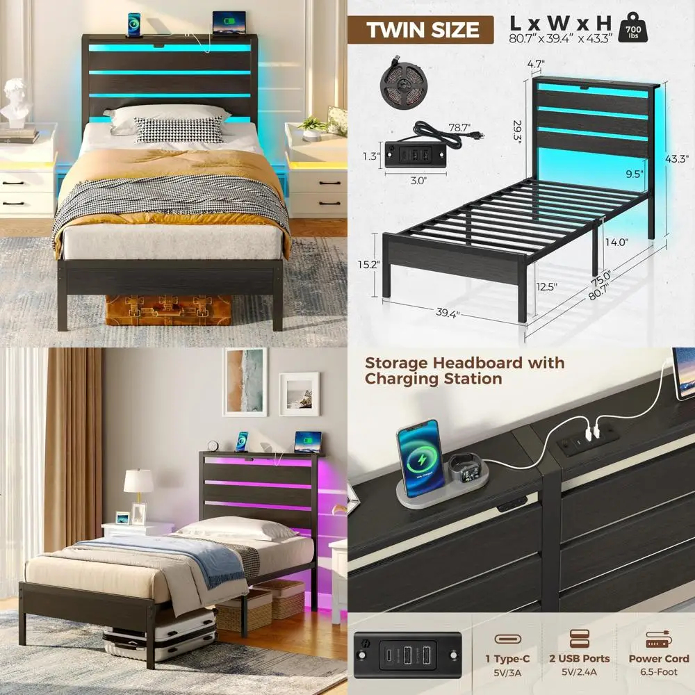 إطار سرير Rolanstar مزدوج الحجم مع شحن USB ولوح رأسي خشبي LED وسرير بمنصة معدنية سوداء