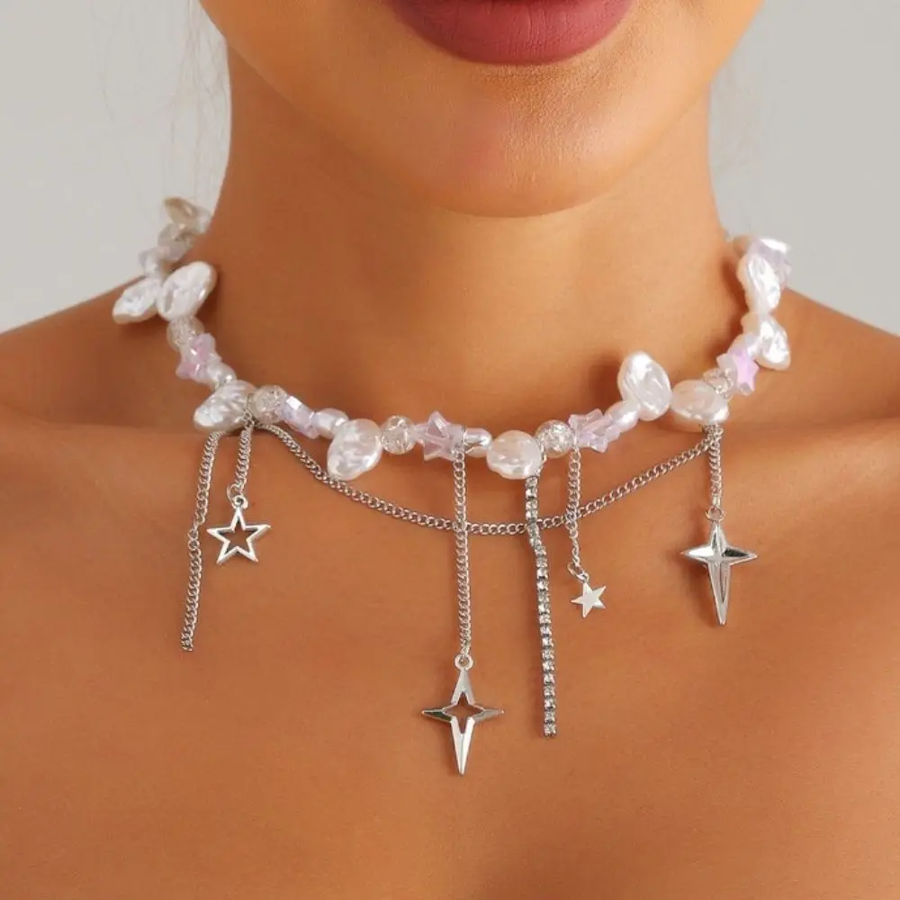 Collier de perles multicouches pour femme, tour de cou en perles irrégulières, croix et étoile, collier en diamant, luxe et élégant, vintage, 216.239.