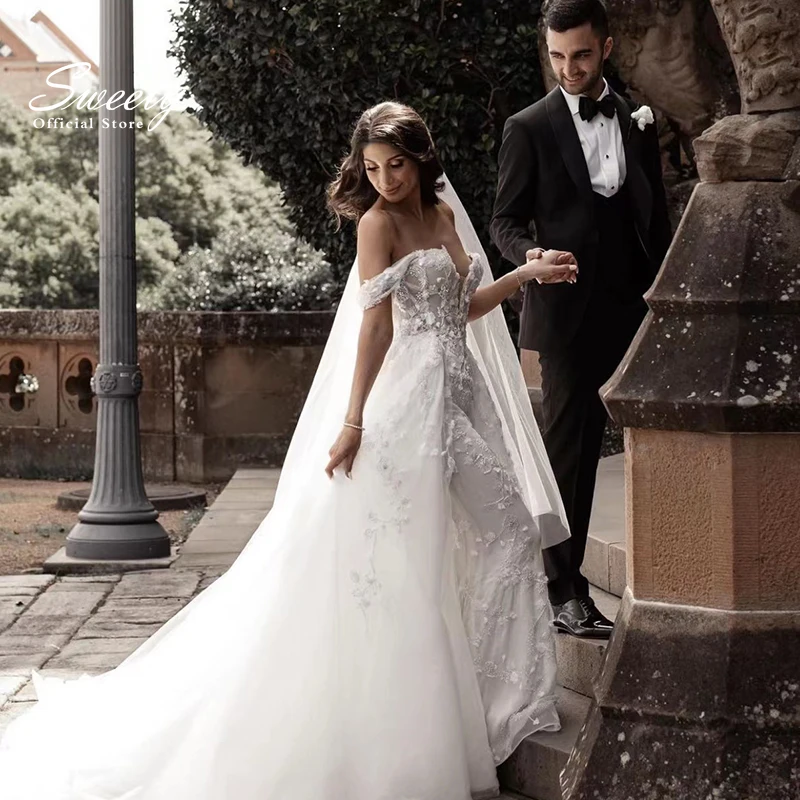 Robe De mariée De luxe détachable 2 en 1, dentelle brodée sur filet avec traîne, col en v sans manches, Vintage