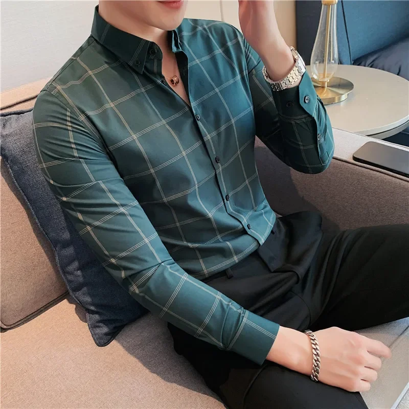 

2022 Brand Clothing Business Casual Plaid Shirt Men's Formal Workwear Wedding Dress Slim Social Party Clothes Checked Shirt 4XL