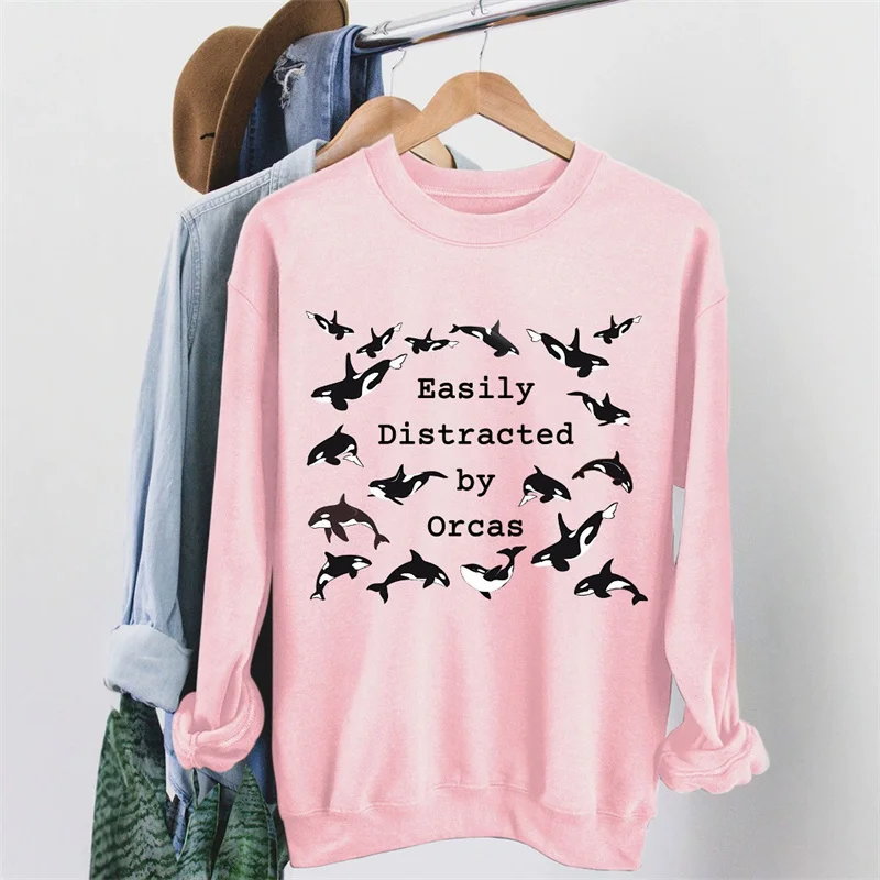 Autumn and winter warm women's clothing is easily distracted by orcas dolphin cute print fashion crewneck fleece hoodie