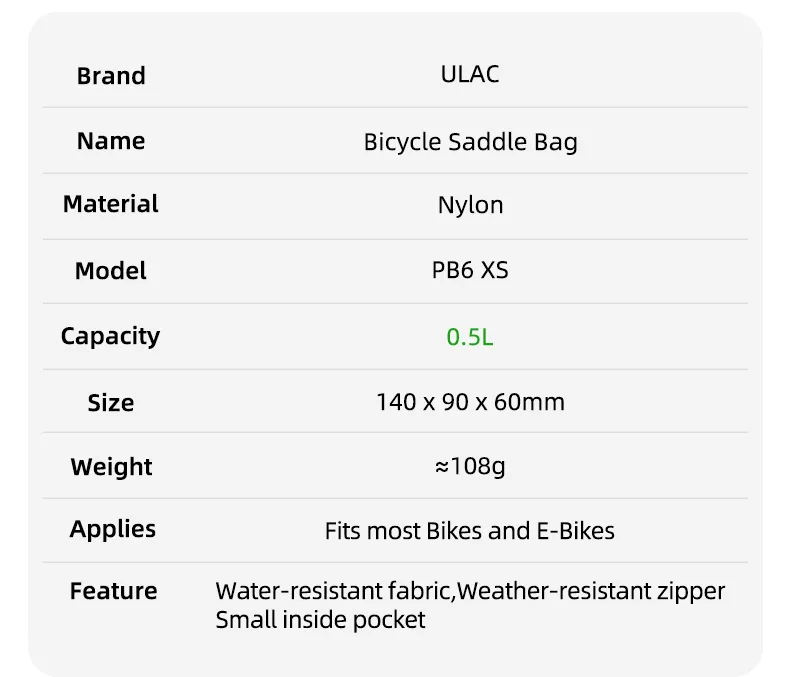 ULAC Mini tragbare Fahrrad-Satteltasche, 0,5 l, wasserdichte Hecktasche, MTB, Rennrad, Schnellverschluss-Schnalle, Hecktasche, Fahrrad-Sitzpaket – Detail 3