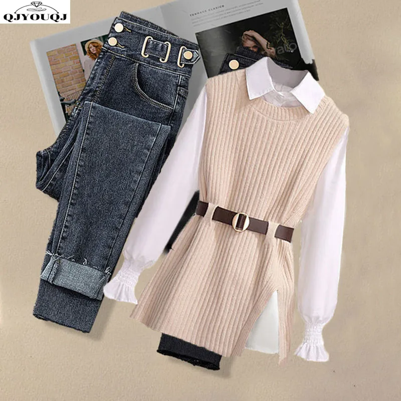 Spring and Autumn Season Set 2024 New Fashion Outwear Knitted Vest Shirt Women's Slim and Versatile Jeans Three Piece Set