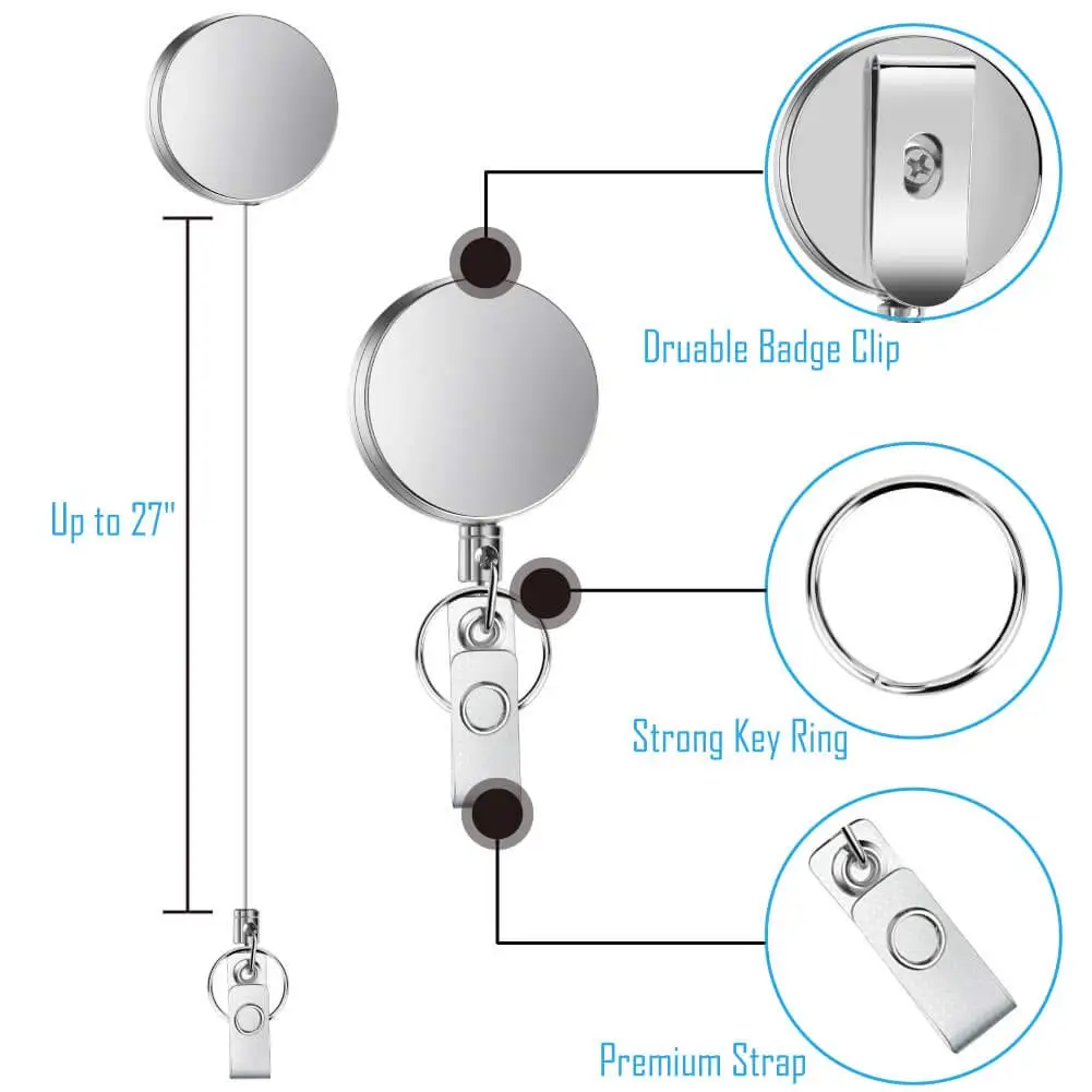 1.26in/1.57in 1PC Metal Retractable Badge Holder Heavy Duty ID Badge Reels with Key Chain Belt Clip ID / Key Card