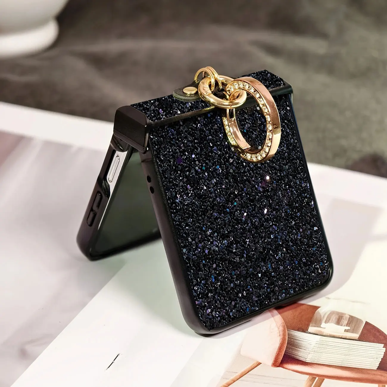 Luxurious shiny diamond rhinestone Glitter Ring Buckle Case For Samsung Galaxy Z Flip 8 7 6 5 4 3 Protective 3-PIECE Back Cover